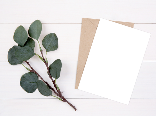 Blank card paper and envelope laying in a wooden table next to a branch of leaves